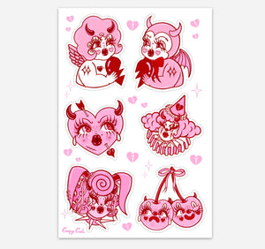 Vinyl Sticker sheet including 6 kitsch pink and red characters. It includes devil cherubs, a sexy rabbit, crying heart with and arrow through it, cherries with horns, and a femme clown