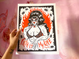 11x14” red and black risograph print of a muscle lady with beehive hair and cat eye sunglasses surrounded by cockroaches with the words “Filth is My Life” under her