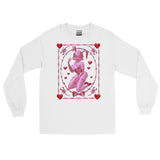  White long sleeve cotton shirt featuring pink 3d bunny named Rhonda Rabbit, surrounded by hearts, Barbwire and scorpions. Lovecore pink and red aesthetic 