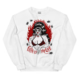 Unisex white cotton and polyester crew neck sweatshirt featuring a muscle lady with beehive hair and cat eye sunglasses surrounded by black cockroaches with the words “Filth is My Life” under her.  red flames in the background 