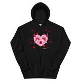 Black cotton and polyester hoodie featuring a pink and red heart with a face that is crying and has an arrow through it surrounded by red broken hearts