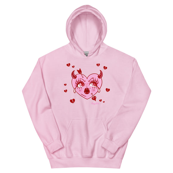 Pink cotton and polyester hoodie featuring a pink and red heart with a face that is crying and has an arrow through it surrounded by red broken hearts