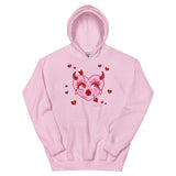 Pink cotton and polyester hoodie featuring a pink and red heart with a face that is crying and has an arrow through it surrounded by red broken hearts