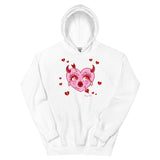 White cotton and polyester hoodie featuring a pink and red heart with a face that is crying and has an arrow through it surrounded by red broken hearts