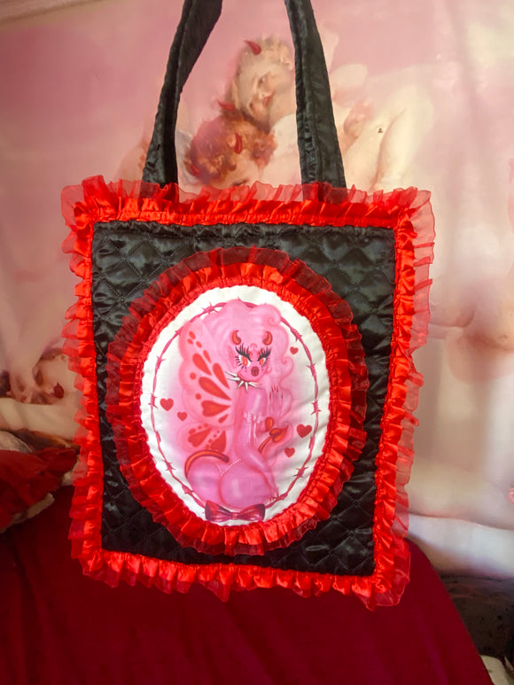 Fantasy Faerie Red and Black Quilted and Ruffle Purse Hand Bag