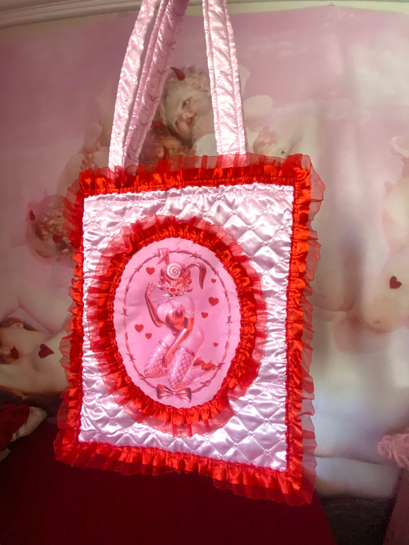 3D Rhonda Rabbit Red and Pink Quilted and Ruffle Purse Hand Bag