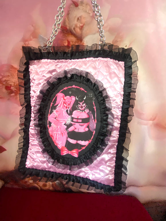 The Rhondas Pink and Black Quilted and Ruffle With Chain Handle Purse Hand Bag