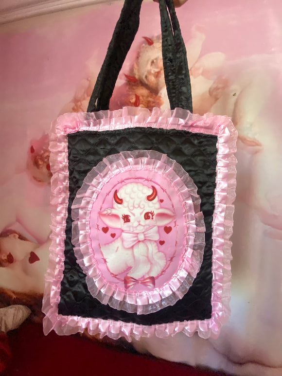 Lamby Black and Pink Quilted and Ruffle Purse Hand Bag