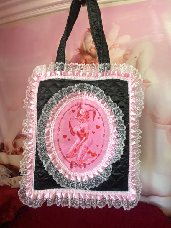 3D Rhonda Rabbit Black Pink Quilted and Ruffle Purse Hand Bag
