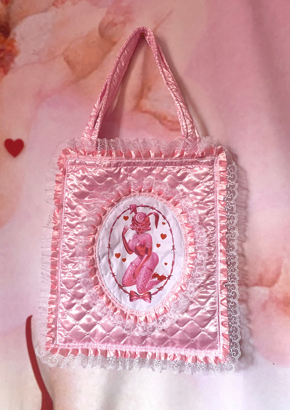 3D Rhonda Rabbit Pink Quilted and White Ruffle Purse Hand Bag