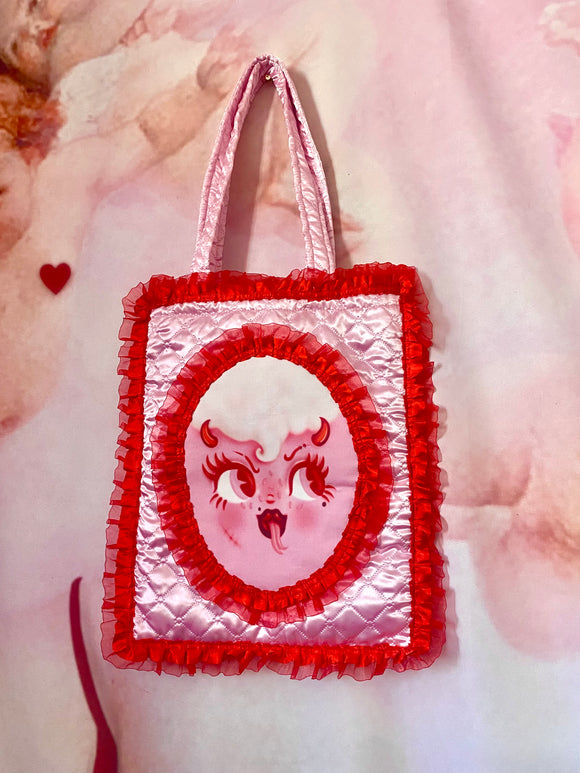 Cutie Dessert Face Red and Pink Quilted and Ruffle Purse Hand Bag