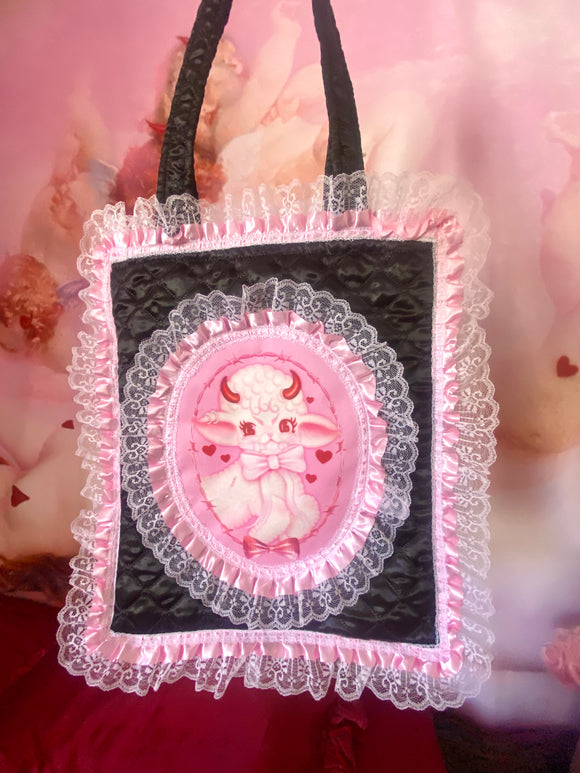 Lamby Black and Pink Quilted and Ruffle Purse Hand Bag
