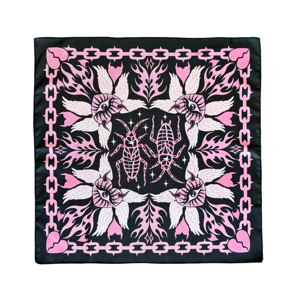 Black bandana with pink and white designs featuring hearts, chain , cockroach on a white background