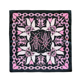 Black bandana with pink and white designs featuring hearts, chain , cockroach on a white background