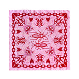 Pink bandana with red intricate patterns including hearts, chain, and cockroach on a white background