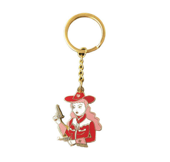 Pink and red cowgirl keychain with gold plated key ring