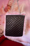 Lamby Black and Pink Quilted and Ruffle With Chain Handle Purse Hand Bag