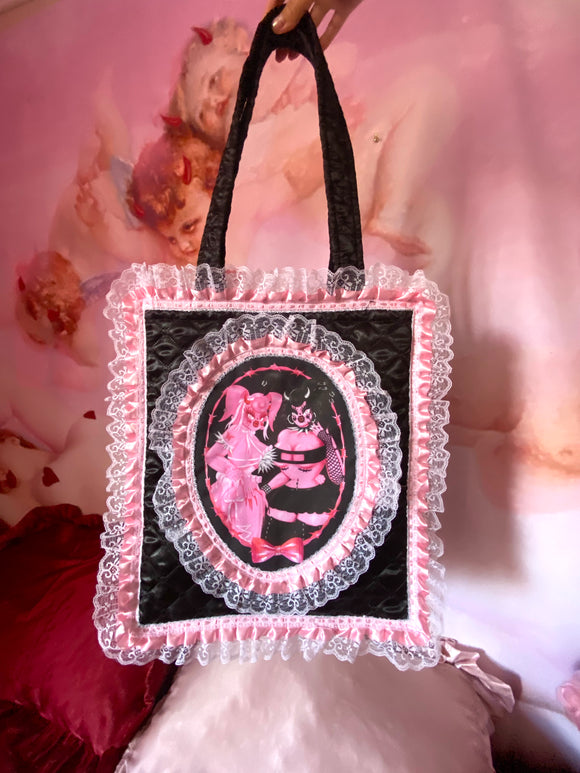 The Rhondas Black and Pink Quilted and Ruffle Purse Hand Bag