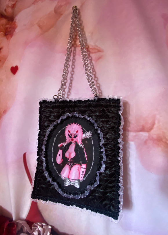 Pink Bimbo Black Quilted and Ruffle With Chain Handle Purse Hand Bag
