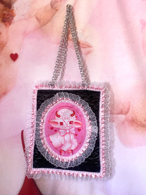 Lamby Black and Pink Quilted and Ruffle With Chain Handle Purse Hand Bag