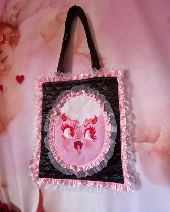 Tongues Out Black and Pink Quilted and Ruffle Purse Hand Bag