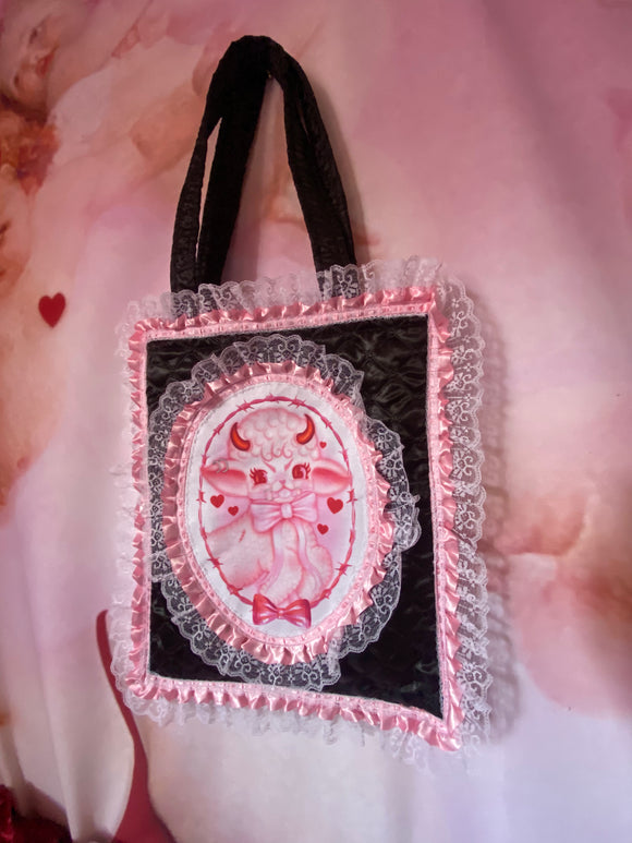 Lamby Black and Pink Quilted and Ruffle Purse Hand Bag