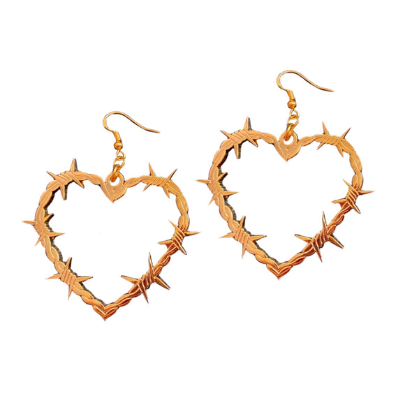 Gold colored Barb wire heart hoop earrings with earring hooks