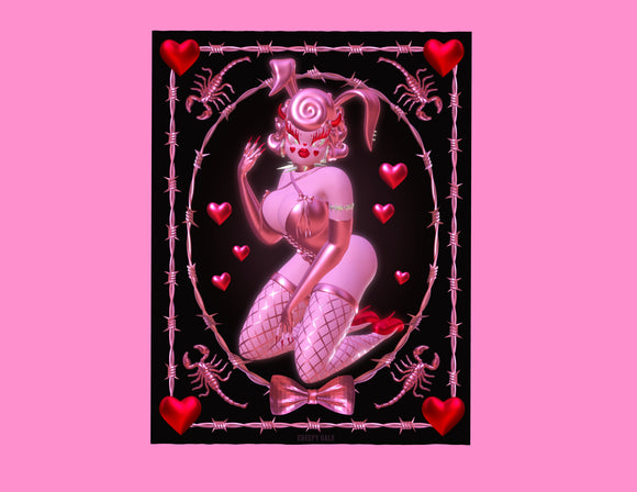 Art Print featuring a sexy 3D bunny named Rhonda Rabbit surrounded by Barbwire, Hearts, and scorpions. Lovecore pink and red aesthetic 