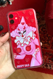 Clear iPhone case with a sexy cute pink and red clown named Bimbo. Surrounded by red broken hearts with the Creepy Gals logo at the bottom