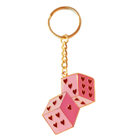 Gold plated pink fuzzy dice design with red hearts enamel keychain