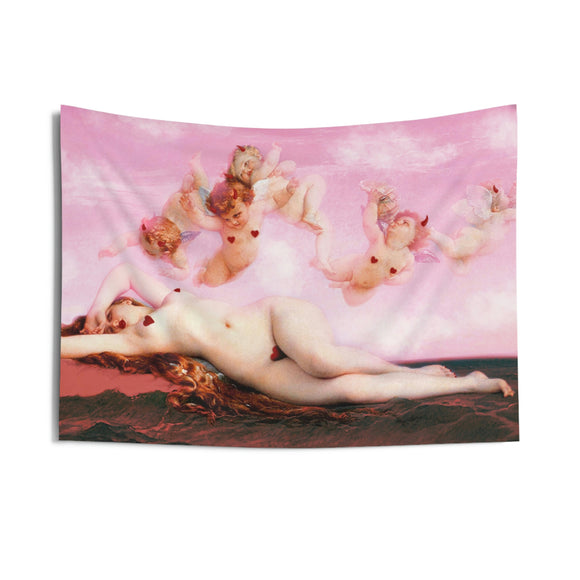 Lovecore Pink and Red Birth of Venus Renaissance painting tapestry with devil cherubs