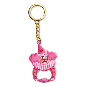 Pink and red lovecore clown named Poopywise metal keychain with bottle opener . Gold plated key ring