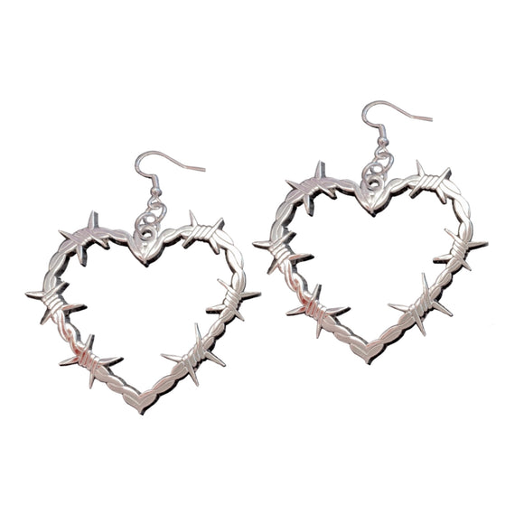 Silver colored Barb wire heart hoop earrings with hooks