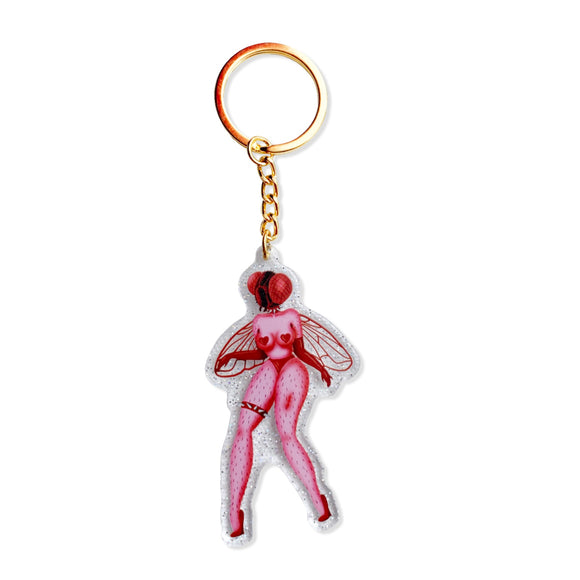 Glitter and clear acrylic keychain with gold key ring featuring a sexy red fly bimbo with a femme body