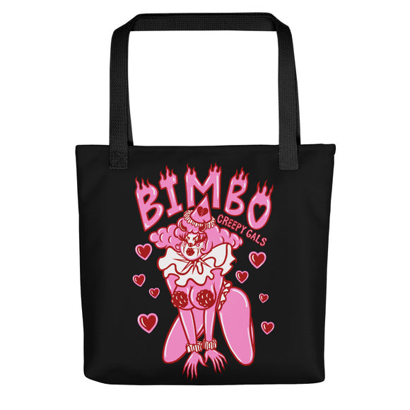 Black polyester tote bag featuring a sexy pink and red clown named Bimbo. The word Bimbo in flame font is on top and is surrounded by red hearts