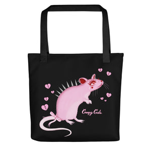 Black tote bag featuring a cute pink rat with a spiky back and long lashes with a pink bow on the tail. Surrounded by pink broken hearts 
