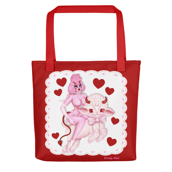 Valentine Devil Poodle Bhitch DeVille and Lamb Tote Bag
