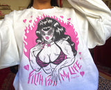 Unisex white cotton and polyester crew neck sweatshirt featuring a muscle lady with beehive hair and cat eye sunglasses surrounded by pink broken hearts with the words “Filth is My Life” under her. And pink flames in the background 