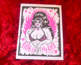 11x14” pink and black risograph print of a muscle lady with beehive hair and cat eye sunglasses surrounded by pink broken hearts with the words “Filth is My Life” under her