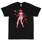 Black unisex cotton short sleeve t-shirt featuring a sexy red fly bimbo with a femme body and hairy legs surrounded by red hearts