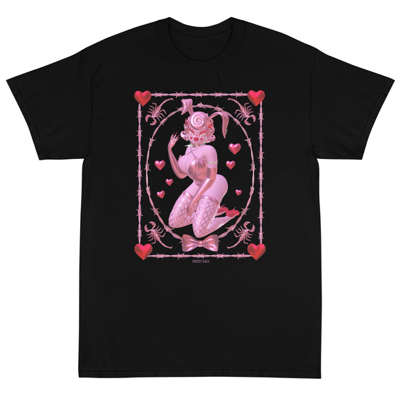 Lovecore pink and red aesthetic Black short sleeve cotton shirt tshirt featuring pink 3d bunny named Rhonda Rabbit, surrounded by hearts, Barbwire and scorpions. 