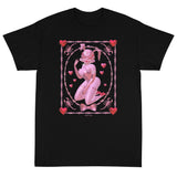 Lovecore pink and red aesthetic Black short sleeve cotton shirt tshirt featuring pink 3d bunny named Rhonda Rabbit, surrounded by hearts, Barbwire and scorpions. 