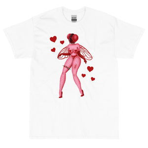 Black unisex cotton short sleeve t-shirt featuring a sexy red fly bimbo with a femme body and hairy legs surrounded by red hearts