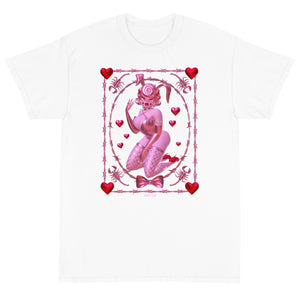Lovecore pink and red aesthetic Black short sleeve cotton shirt tshirt featuring pink 3d bunny named Rhonda Rabbit, surrounded by hearts, Barbwire and scorpions. 