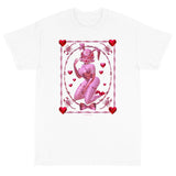 Lovecore pink and red aesthetic white short sleeve cotton shirt tshirt featuring pink 3d bunny named Rhonda Rabbit, surrounded by hearts, Barbwire and scorpions. 