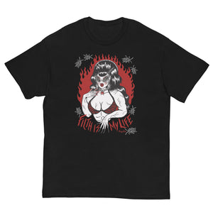 Unisex white cotton short sleeve T-shirt featuring a muscle lady with beehive hair and cat eye sunglasses surrounded by black cockroaches with the words “Filth is My Life” under her.  red flames in the background 