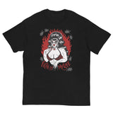 Unisex black cotton short sleeve T-shirt featuring a muscle lady with beehive hair and cat eye sunglasses surrounded by black cockroaches with the words “Filth is My Life” under her.  red flames in the background 