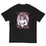 Unisex black cotton short sleeve T-shirt featuring a muscle lady with beehive hair and cat eye sunglasses surrounded by pink broken hearts with the words “Filth is My Life” under her.  Pink flames in the background 