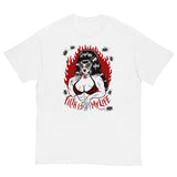 Unisex white cotton short sleeve T-shirt featuring a muscle lady with beehive hair and cat eye sunglasses surrounded by black cockroaches with the words “Filth is My Life” under her.  red flames in the background 