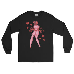 Pink unisex cotton long sleeve shirt featuring a sexy red fly bimbo with a femme body and hairy legs surrounded by red hearts